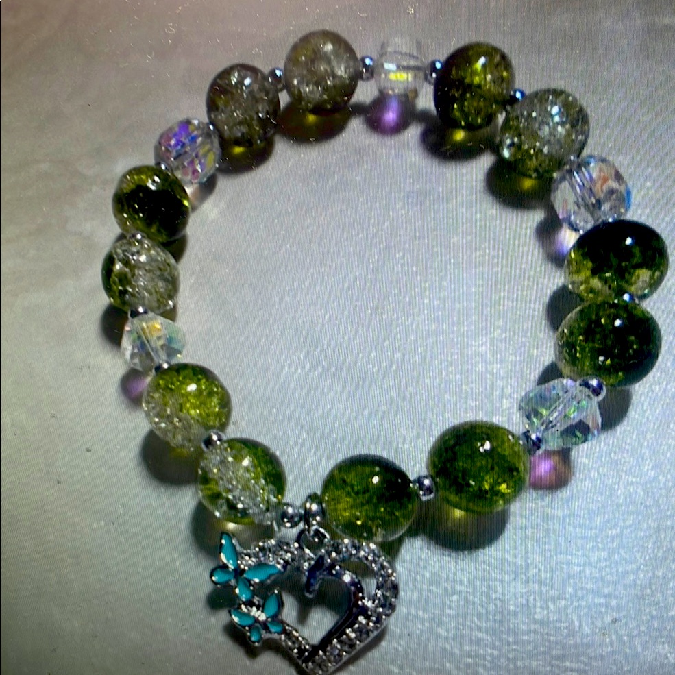 Green And Silver Beaded Bracelet With Heart Charm